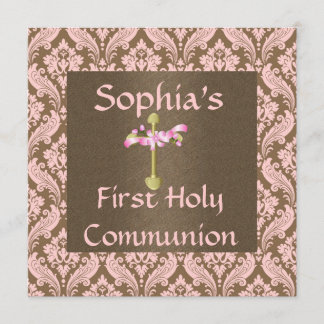 pink & brown DAMASK Holy Communion INVITATIONS