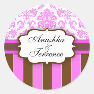 Pink Brown Damask Stripe Wedding Sticker