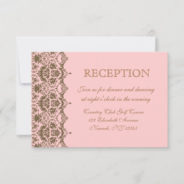 Pink Brown Damask Wedding Reception Invitation (Front)