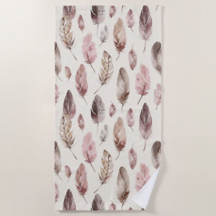 Pink Brown Feathers Beach Towel