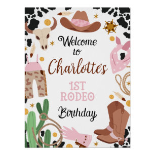 Pink Brown First Rodeo 1st Birthday Welcome Sign