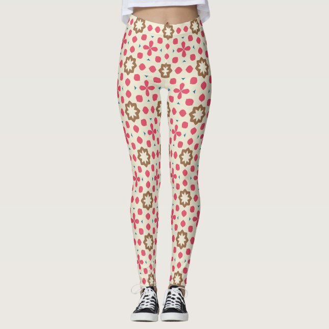 Pink Brown Floral Geometric Pattern Leggings (Front)