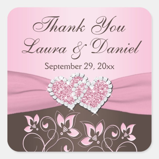 Pink, Brown Floral, Hearts Wedding Favour Sticker (Front)