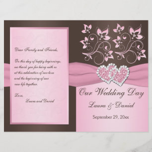 Pink, Brown Floral, Hearts Wedding Program