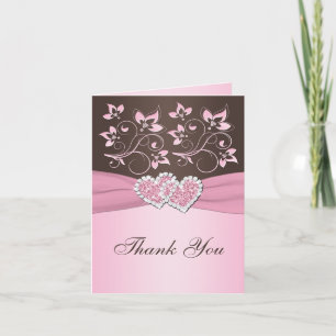 Pink, Brown Floral Joined Hearts Thank You Card