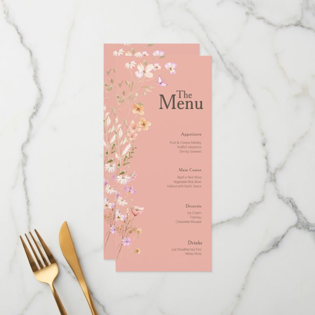 Pink Brown Flowers Wedding Event Menu Table Decor (Front/Back In Situ)