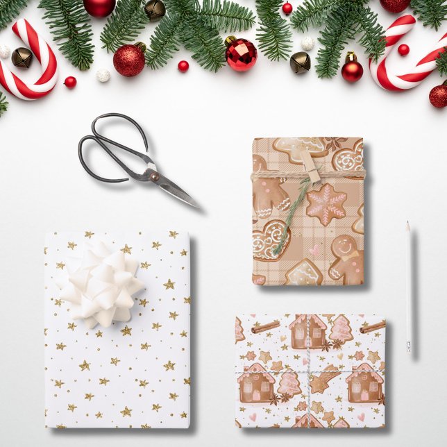 Pink Brown Gingerbread Men House Stars Cinnamon Wrapping Paper Sheet (Creator Uploaded)