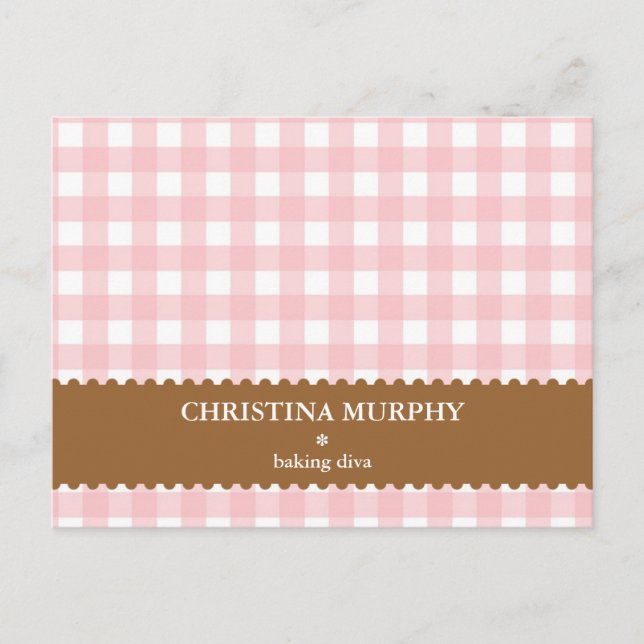 Pink brown gingham lined custom name recipe card (Front)