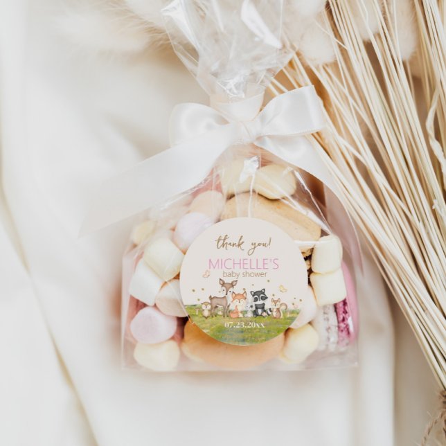 Pink Brown Girl Watercolor Woodland Animals Classic Round Sticker (Creator Uploaded)