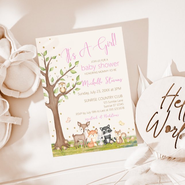 Pink Brown Girl Watercolor Woodland Animals  Invitation (Creator Uploaded)