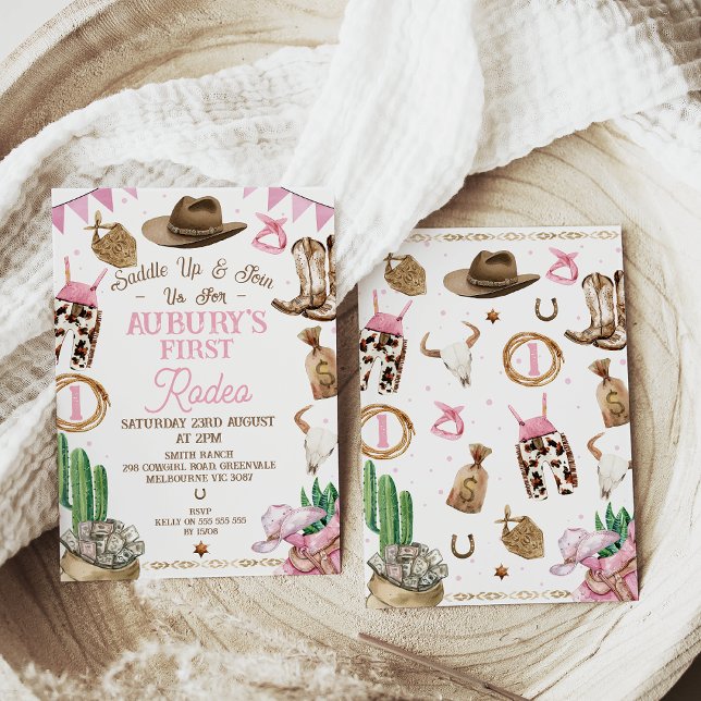 Pink Brown Girls First Rodeo 1st Birthday Invitation (Girl's pink bunting first rodeo birthday invitation for baby girl with pink bunting flags.)