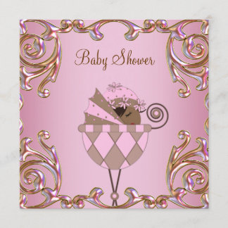 Pink Brown Gold Lace Baby Girl Shower Invtations Invitation