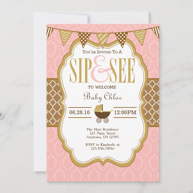 Pink Brown Gold Sip And See Invitation (Front)