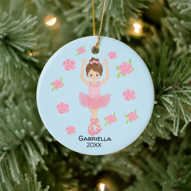 Pink  Brown Haired Ballerina Christmas Ceramic Tree Decoration (Tree)