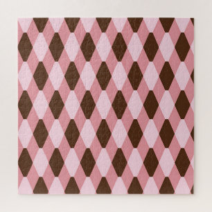 Pink Brown Harlequin Diamond Pattern Jigsaw Puzzle