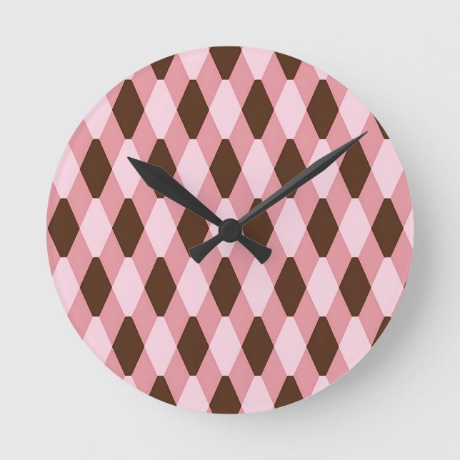 Pink Brown Harlequin Diamond Pattern Round Clock (Front)