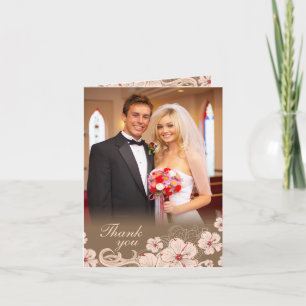 Pink brown hibiscus flower wedding photo thank you card