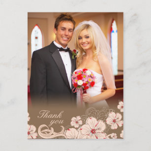 Pink brown hibiscus flower wedding photo thank you postcard