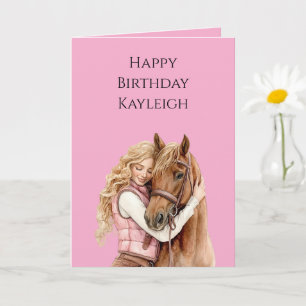 Pink Brown Horse Blond Hair Girl Birthday Card