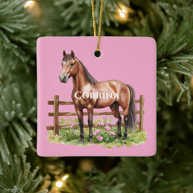 Pink Brown Horses Ceramic Ornament (Tree)