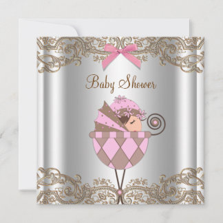 Pink Brown Lace Girl Baby Shower Invitation