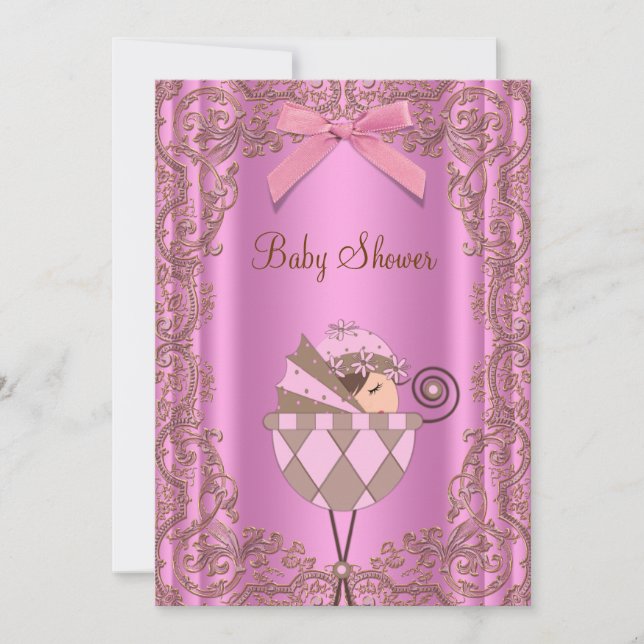 Pink Brown Lace Girl Baby Shower Invitation (Front)