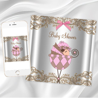Pink Brown Lace Girl Baby Shower Invitation