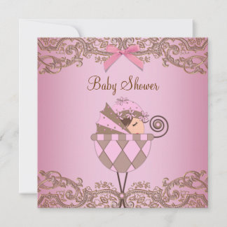 Pink Brown Lace Girl Baby Shower Invitations