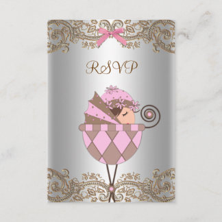 Pink Brown Lace Girl Baby Shower RSVP Card