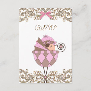 Pink Brown Lace Girl Baby Shower RSVP Card