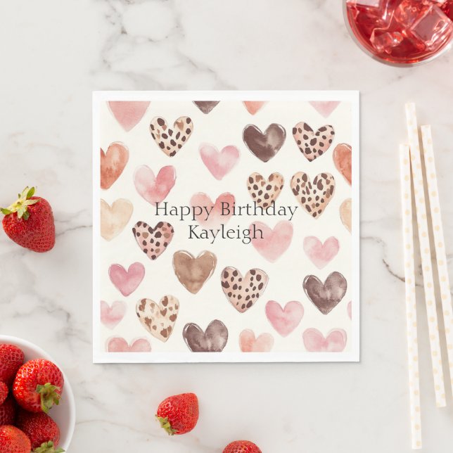 Pink Brown Leopard Print Hearts Birthday Napkin (Insitu)