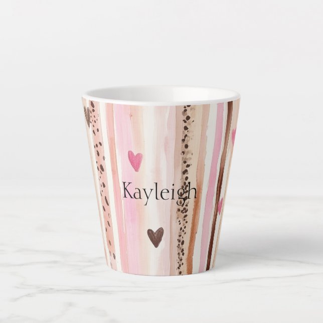 Pink Brown Leopard Print Stripes Hearts Latte Mug (Front)