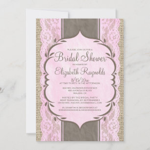 Pink Brown Linen Burlap Lace Bridal Shower Invites