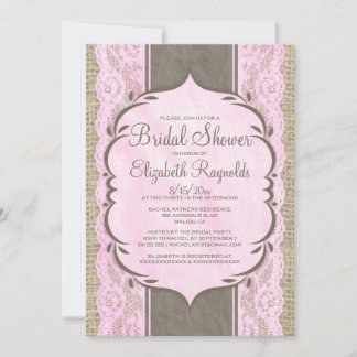 Pink Brown Linen Burlap Lace Bridal Shower Invites