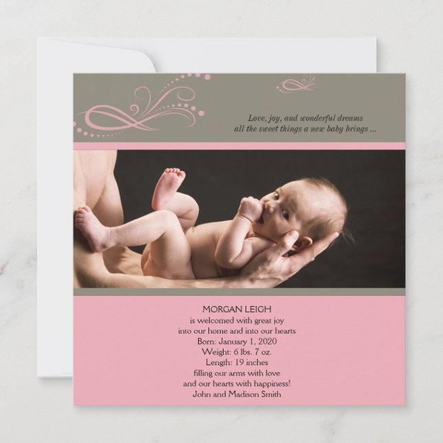 Pink Brown Modern Floral Photo Baby Announcement (Front)
