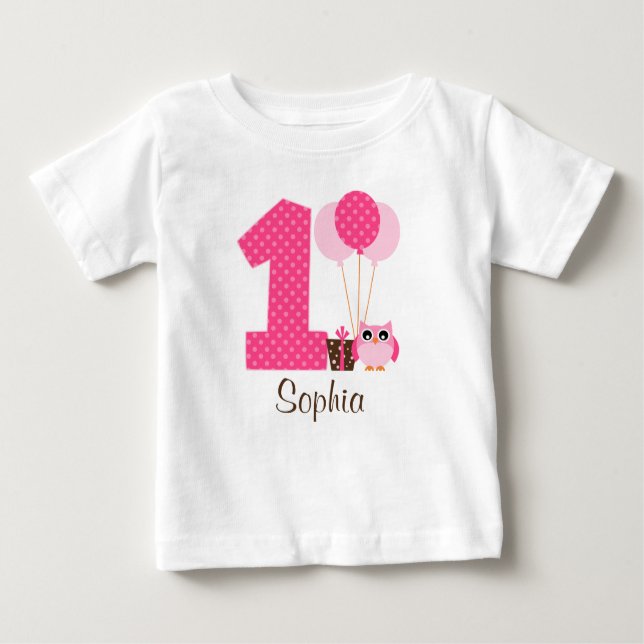 Pink Brown Owl Polka Dot 1st Birthday Girl Baby T-Shirt (Front)