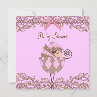 Pink Brown Pearls Lace Girl Baby Shower Invitation
