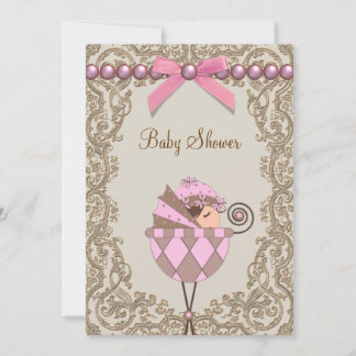 Pink Brown Pearls Lace Girl Baby Shower Invitation
