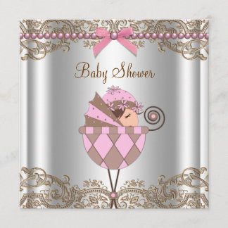 Pink Brown Pearls Lace Girl Baby Shower Invitation
