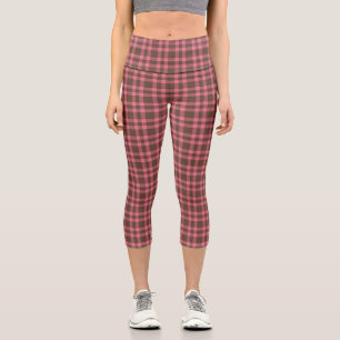 Pink Brown Plaid Pattern Capri Leggings