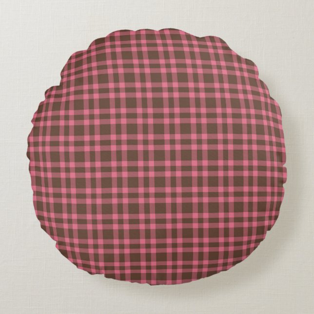 Pink Brown Plaid Pattern Round Cushion (Front)