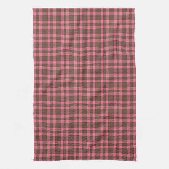 Pink Brown Plaid Pattern Tea Towel (Vertical)
