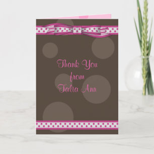 Pink Brown Polka Dot Ribbon Bat Mitzvah Thank You Card