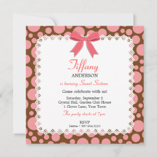 Pink & Brown Polka Dots w/ Lace Sweet 16 Birthday Invitation
