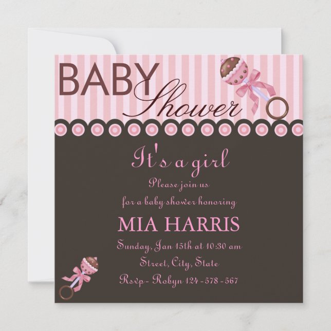 Pink & Brown Rattle Design Baby Shower Invitation (Front)