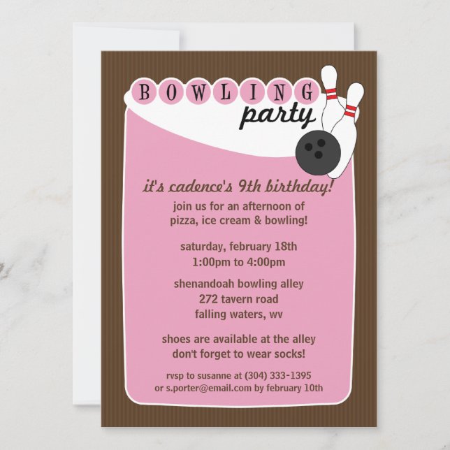Pink/Brown Retro Bowling Alley Bowling Birthday Invitation (Front)