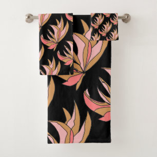 Pink Brown Root Plant On Black  Bath Towel Set