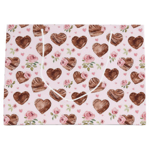 Pink Brown Roses Floral Hearts Bridal Shower Large Gift Bag