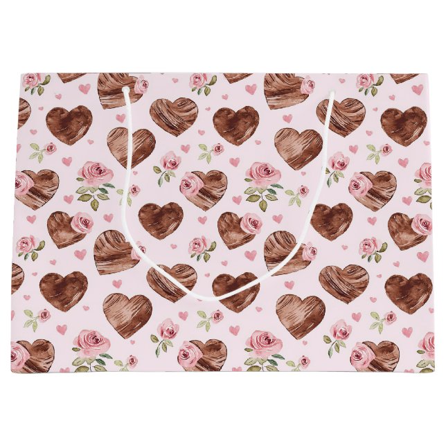 Pink Brown Roses Floral Hearts Bridal Shower Large Gift Bag (Front)