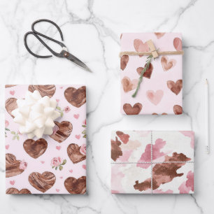 Pink Brown Roses Floral Hearts Bridal Shower Wrapping Paper Sheet
